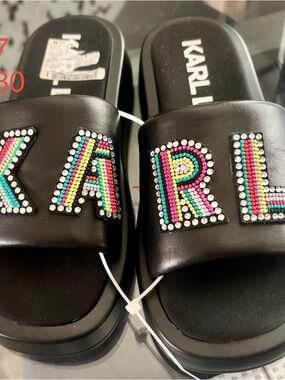 Karl Lagerfeld Black Slides with Multicolor Rhinestone KARL Logo